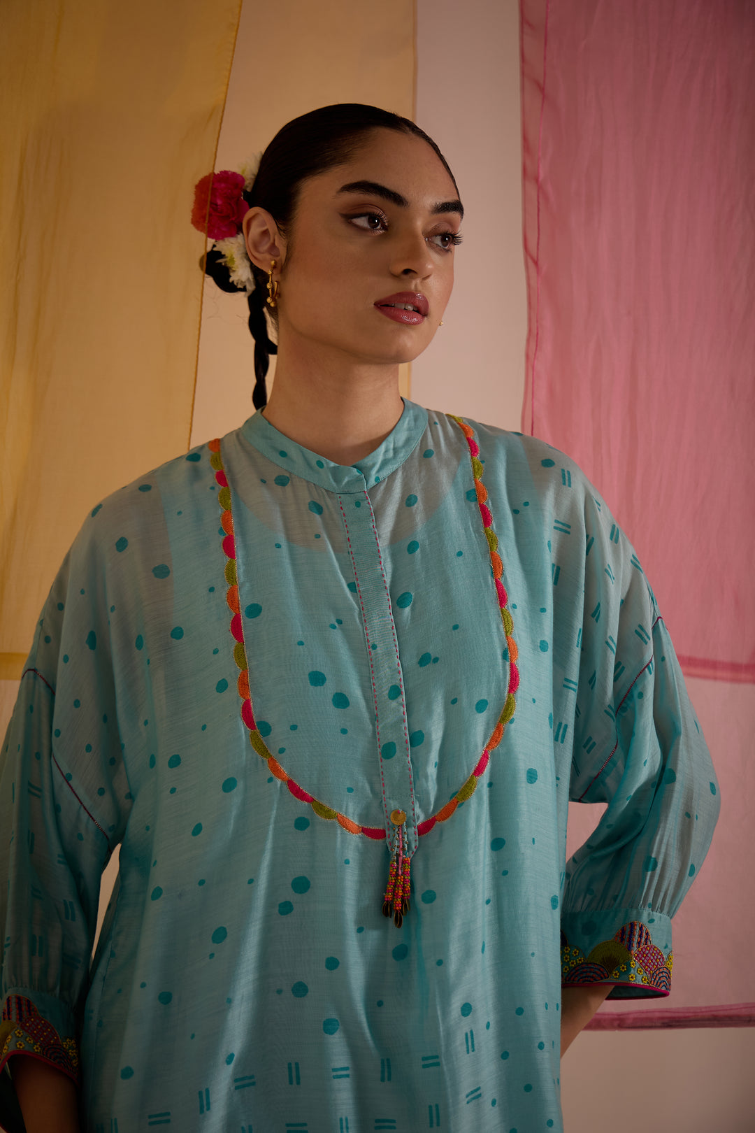 SAMAHAR: Turq Cotton Silk Multicolour Yok Kimono