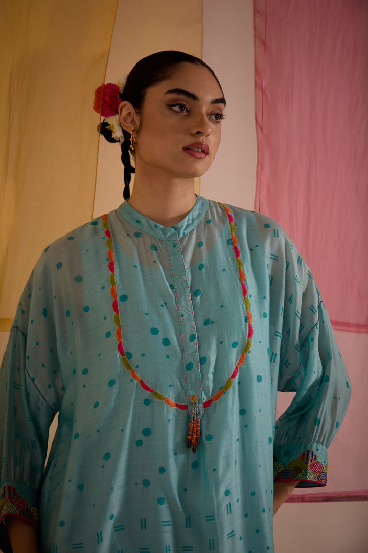 SAMAHAR: Turq Cotton Silk Multicolour Yok Kimono
