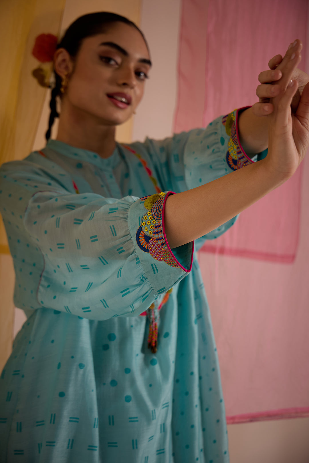 SAMAHAR: Turq Cotton Silk Multicolour Yok Kimono