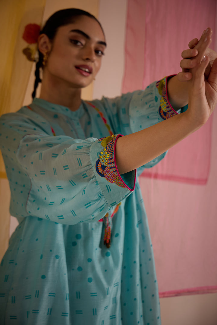 SAMAHAR: Turq Cotton Silk Multicolour Yok Kimono