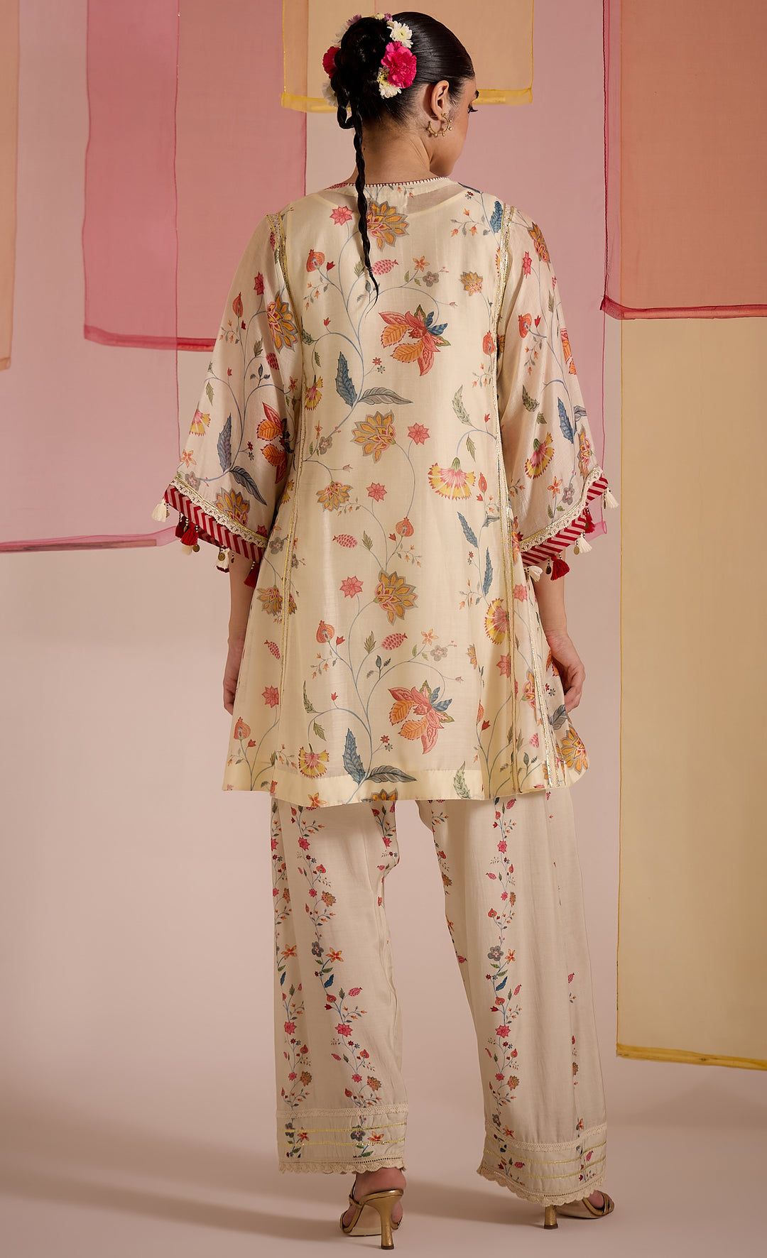 SAMAHAR: Ivory Chintz Cotton Silk Kalidar Choga Set