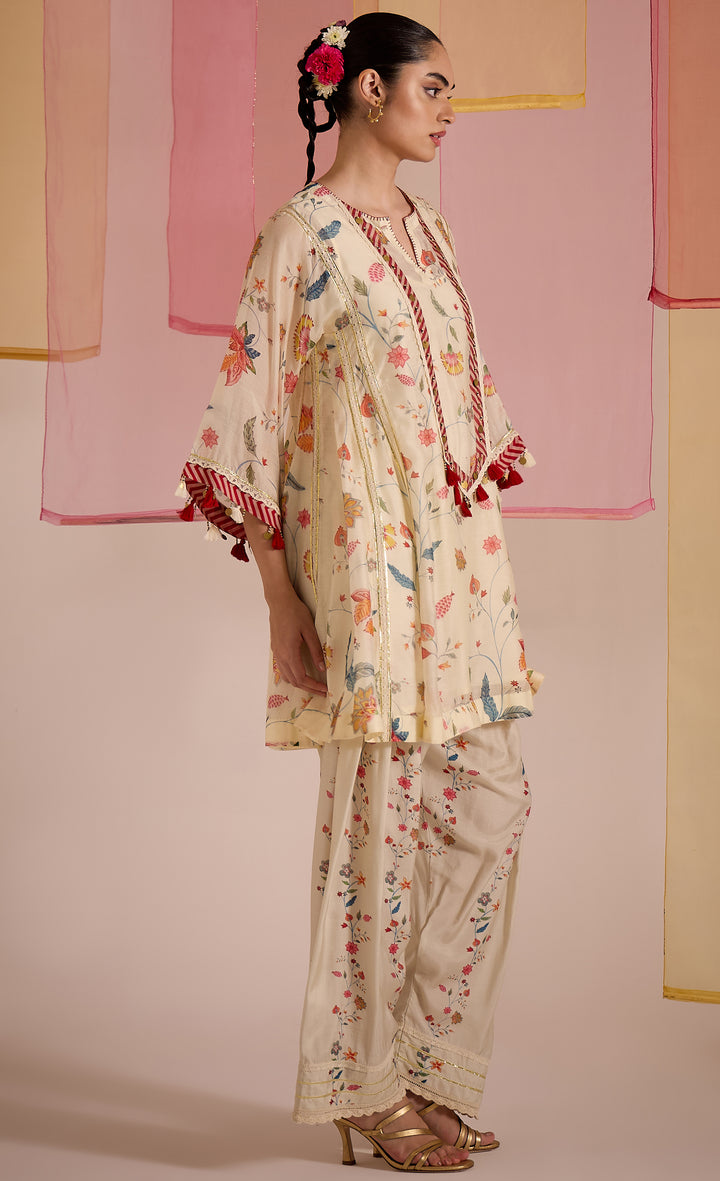 SAMAHAR: Ivory Chintz Cotton Silk Kalidar Choga