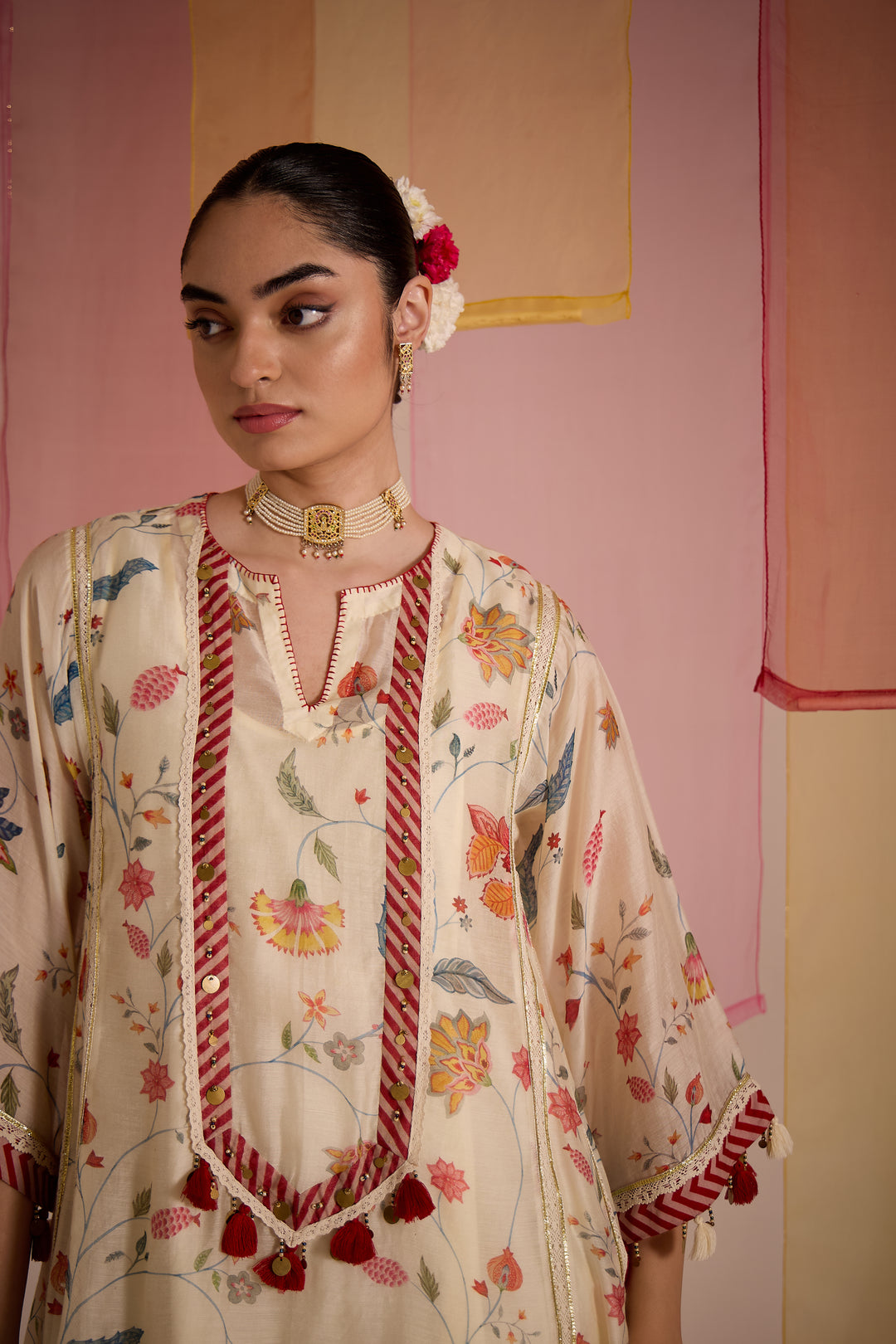 SAMAHAR: Ivory Chintz Cotton Silk Kalidar Choga