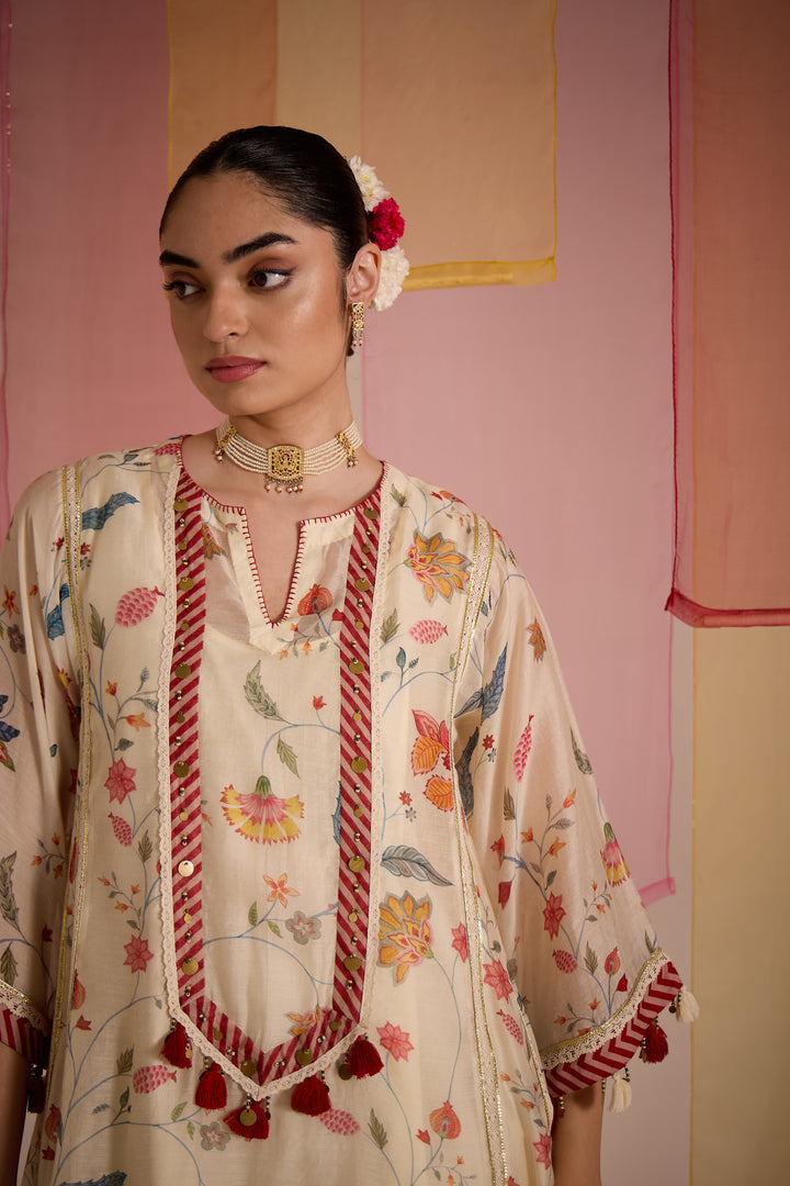 SAMAHAR: Ivory Chintz Cotton Silk Kalidar Choga
