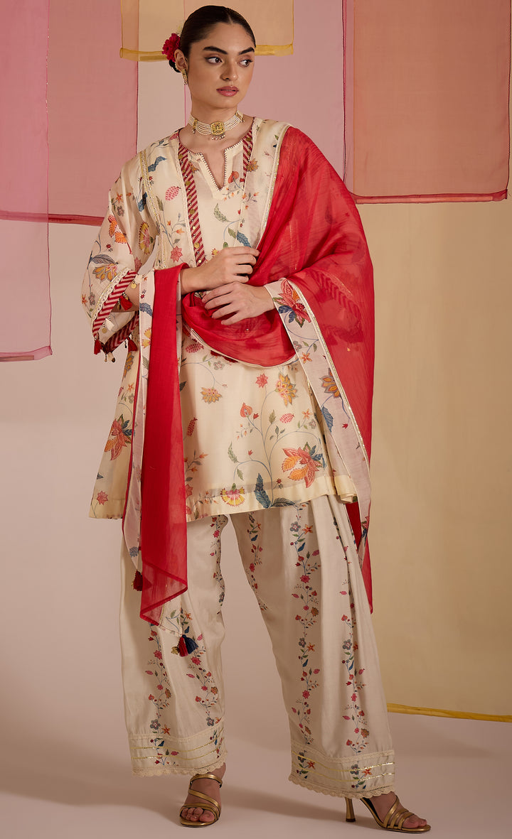 SAMAHAR: Ivory Chintz Cotton Silk Kalidar Choga Set