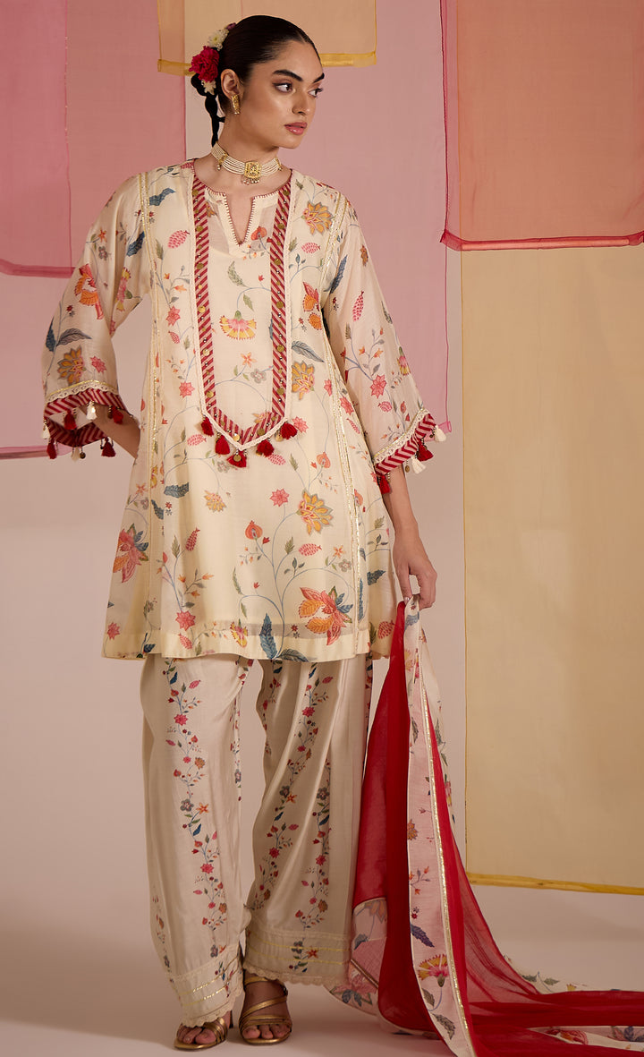 SAMAHAR: Ivory Chintz Cotton Silk Kalidar Choga Set