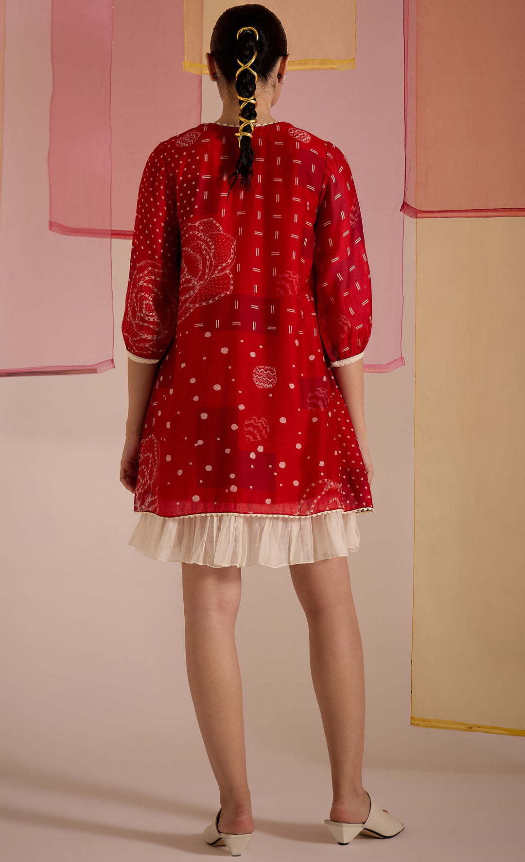 SAMAHAR: Red Cotton Silk Short Frill Dress