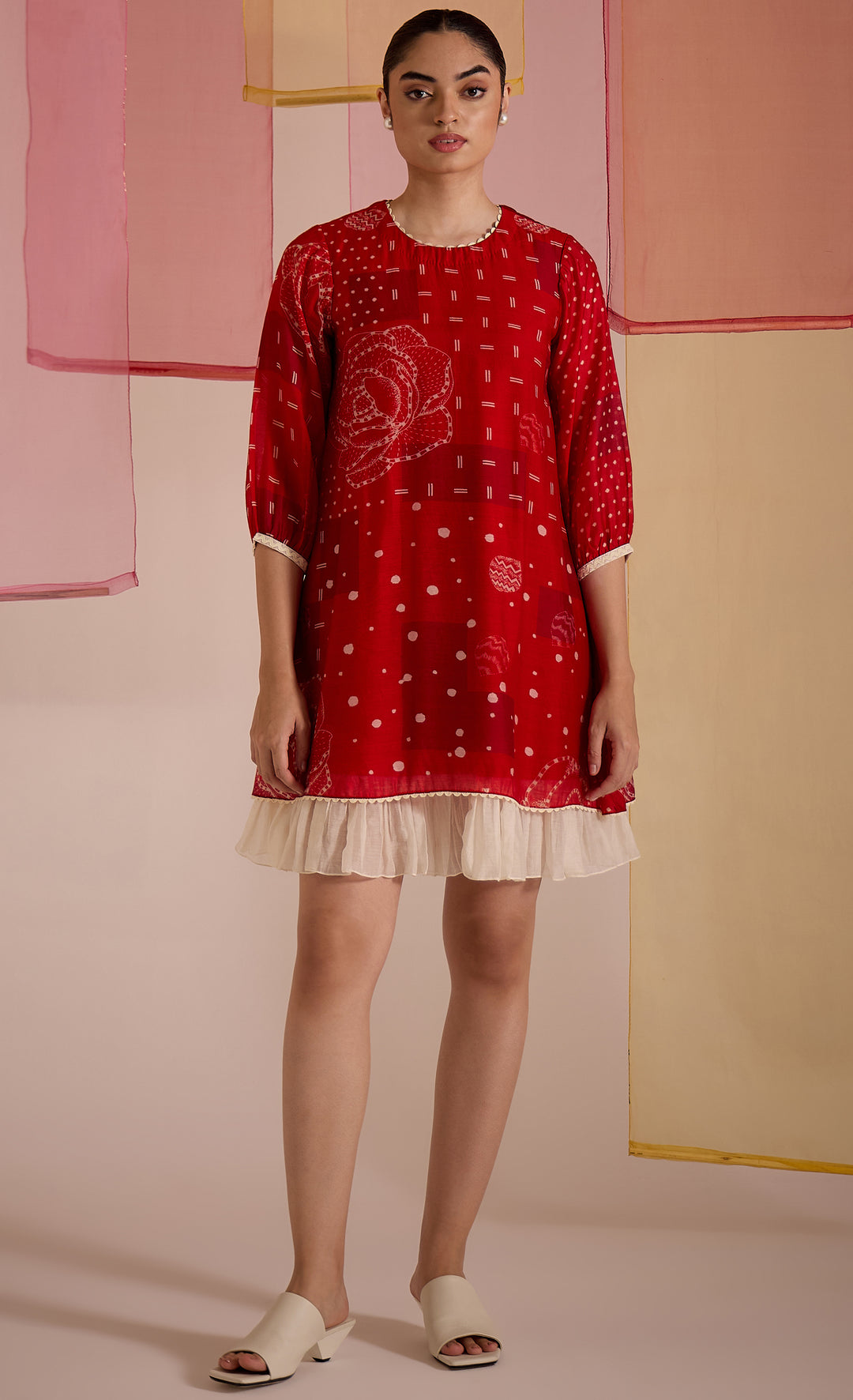 SAMAHAR: Red Cotton Silk Short Frill Dress