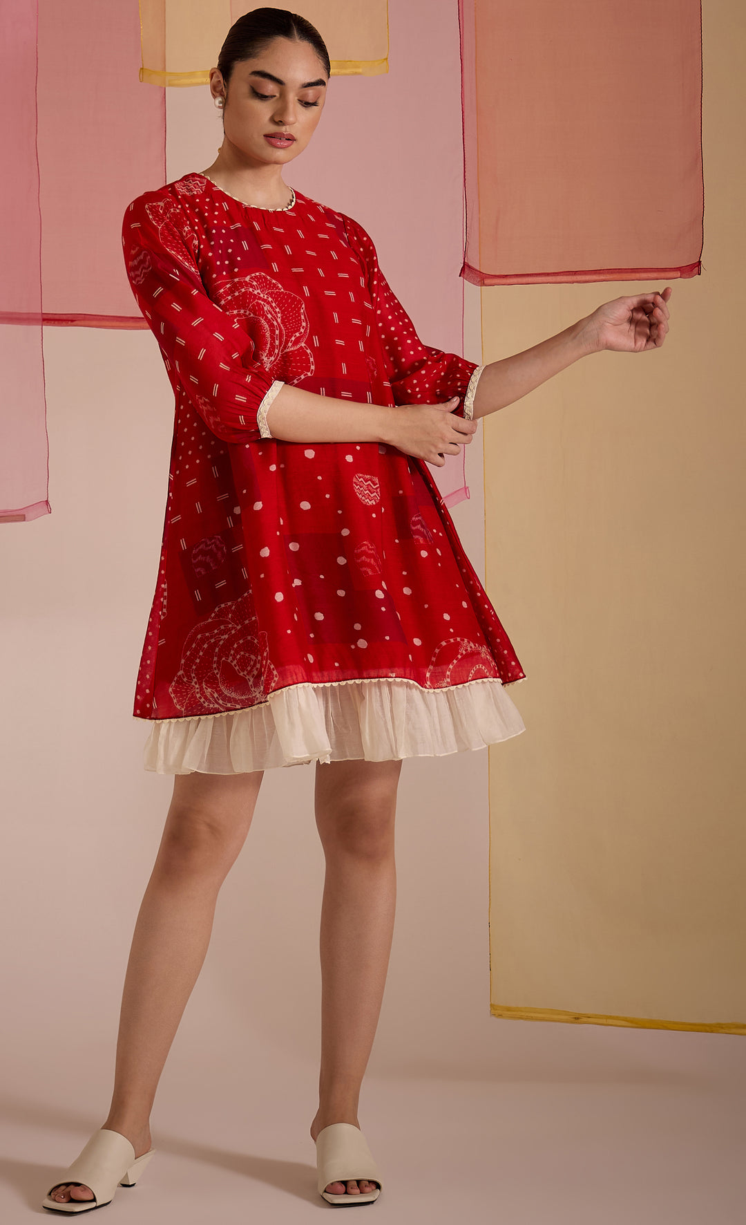 SAMAHAR: Red Cotton Silk Short Frill Dress