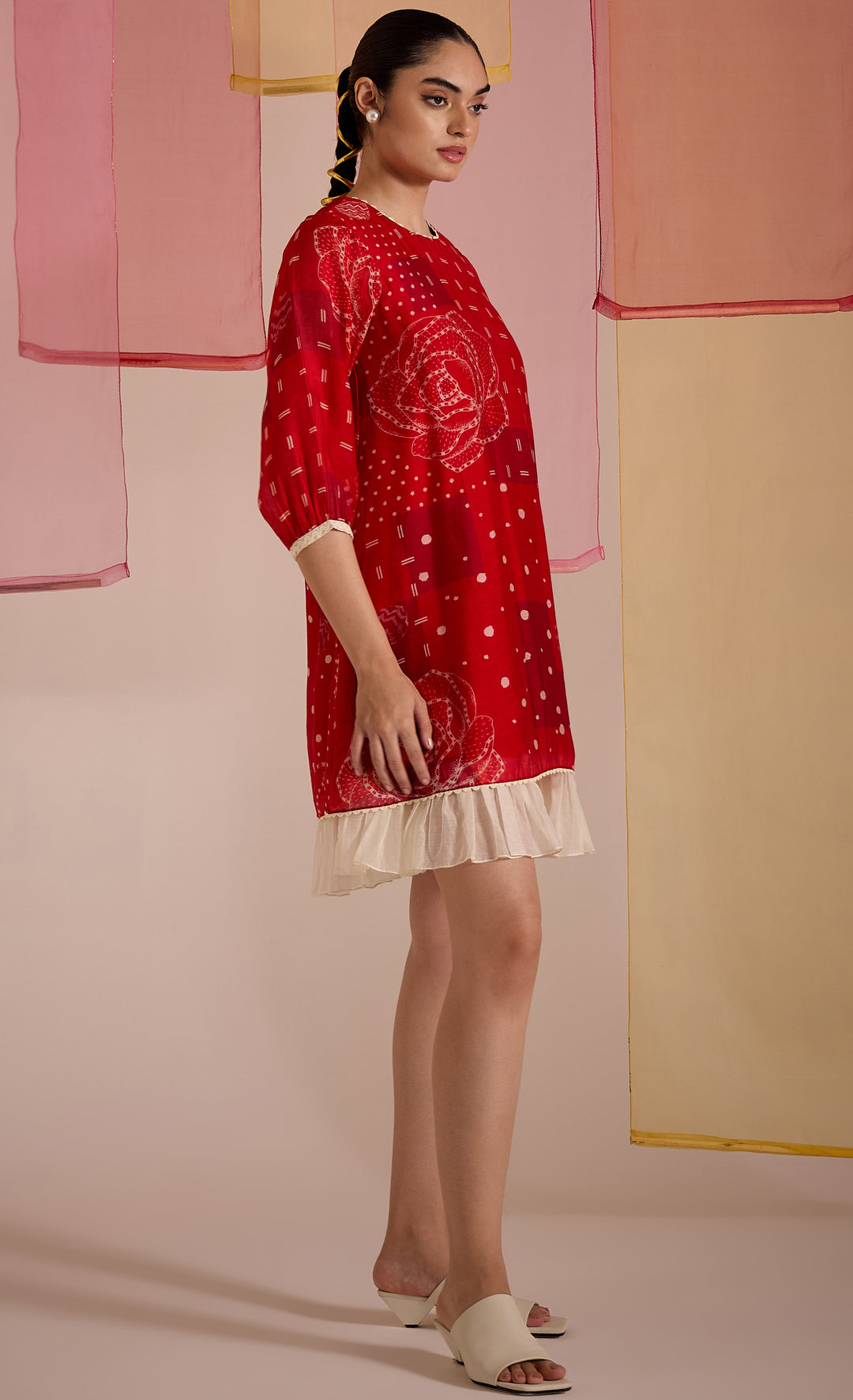 SAMAHAR: Red Cotton Silk Short Frill Dress