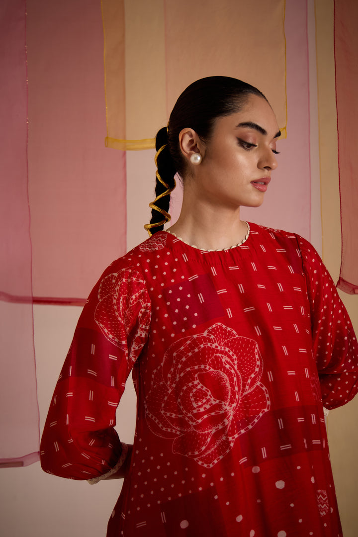 SAMAHAR: Red Cotton Silk Short Frill Dress