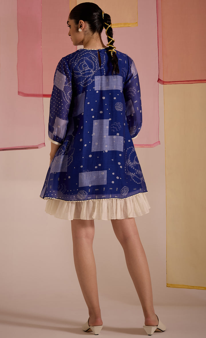SAMAHAR: Blue Cotton Silk Short Frill Dress