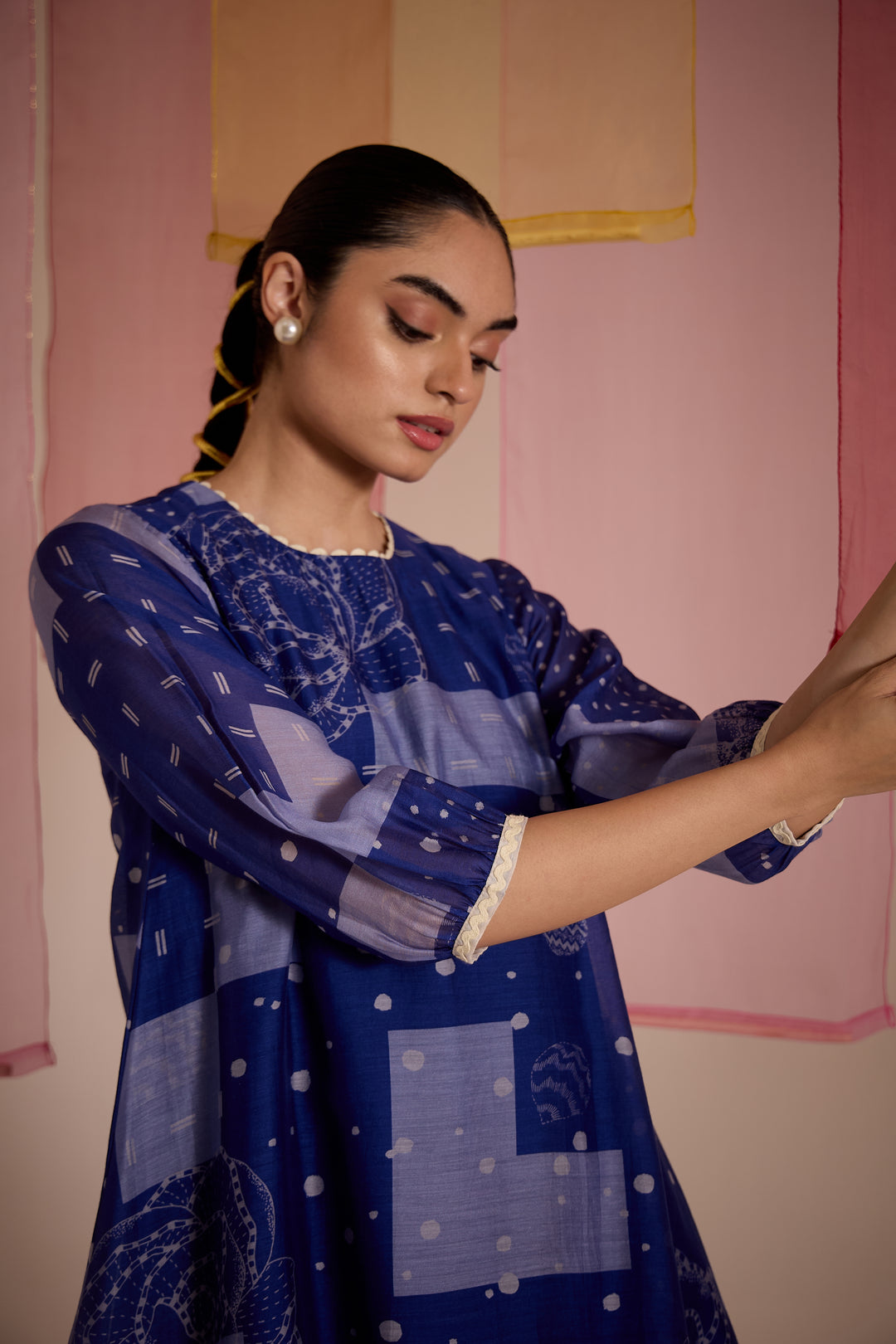 SAMAHAR: Blue Cotton Silk Short Frill Dress