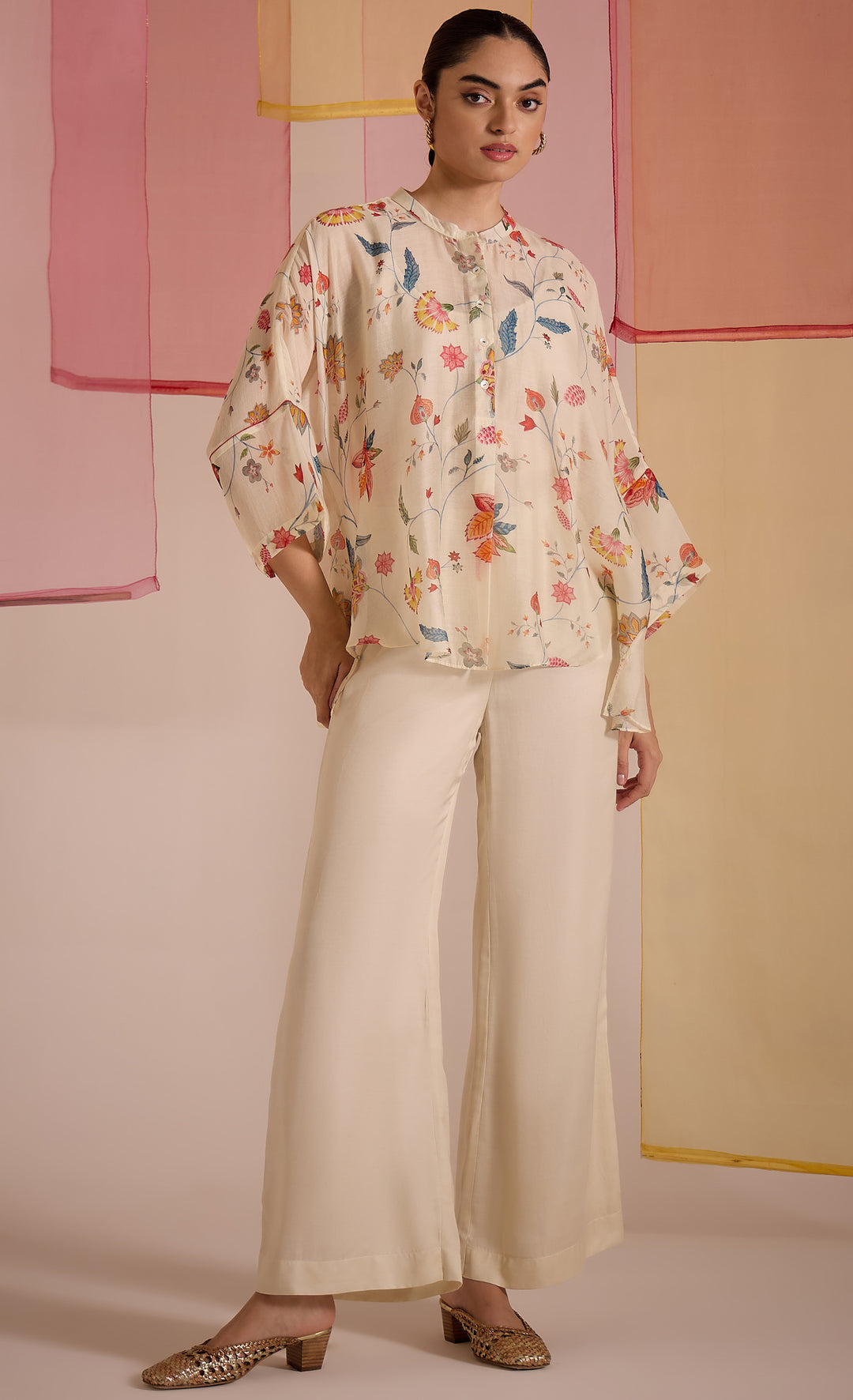 SAMAHAR: Ivory Chintz Cotton Silk Nama Tunic