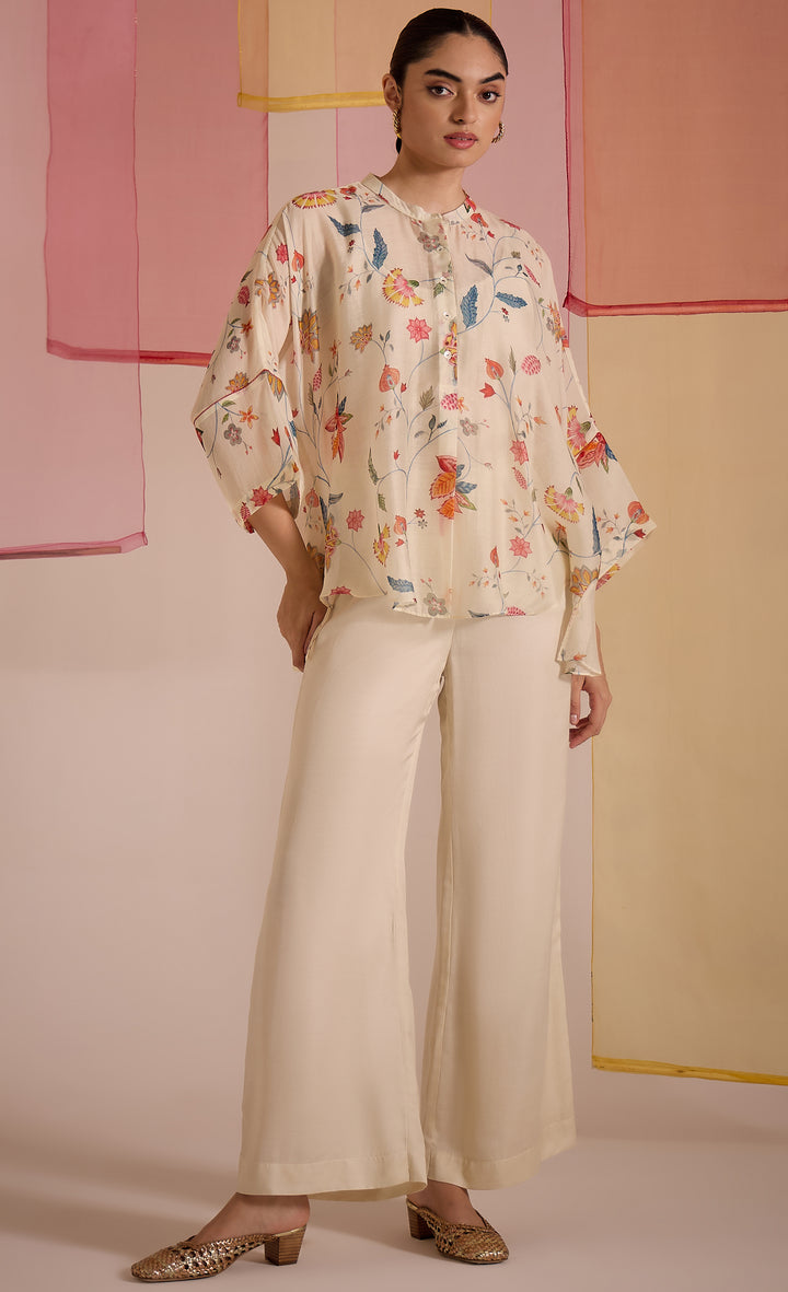 SAMAHAR: Ivory Chintz Cotton Silk Nama Tunic