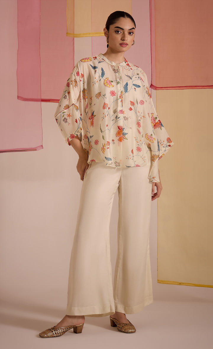SAMAHAR: Ivory Chintz Cotton Silk Nama Tunic