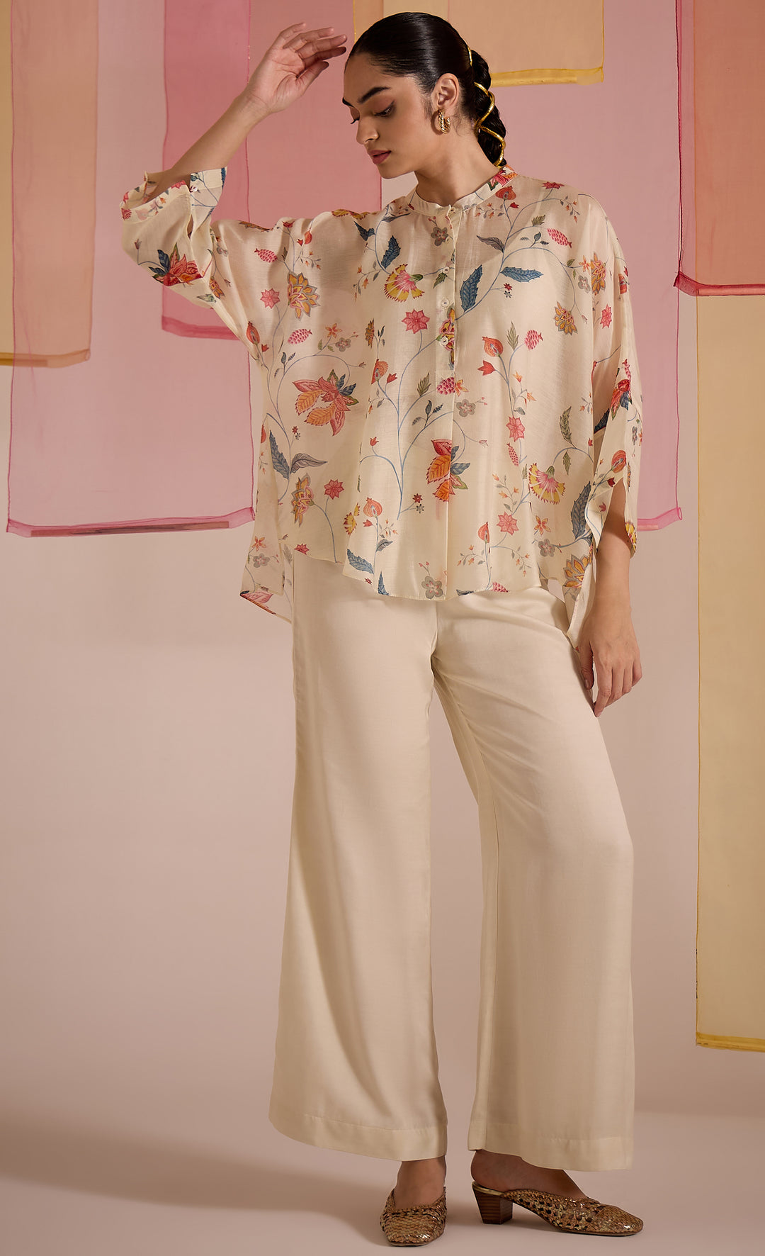 SAMAHAR: Ivory Chintz Cotton Silk Nama Co-ord Set