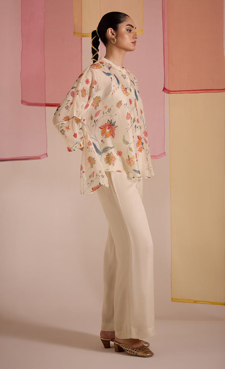 SAMAHAR: Ivory Chintz Cotton Silk Nama Tunic