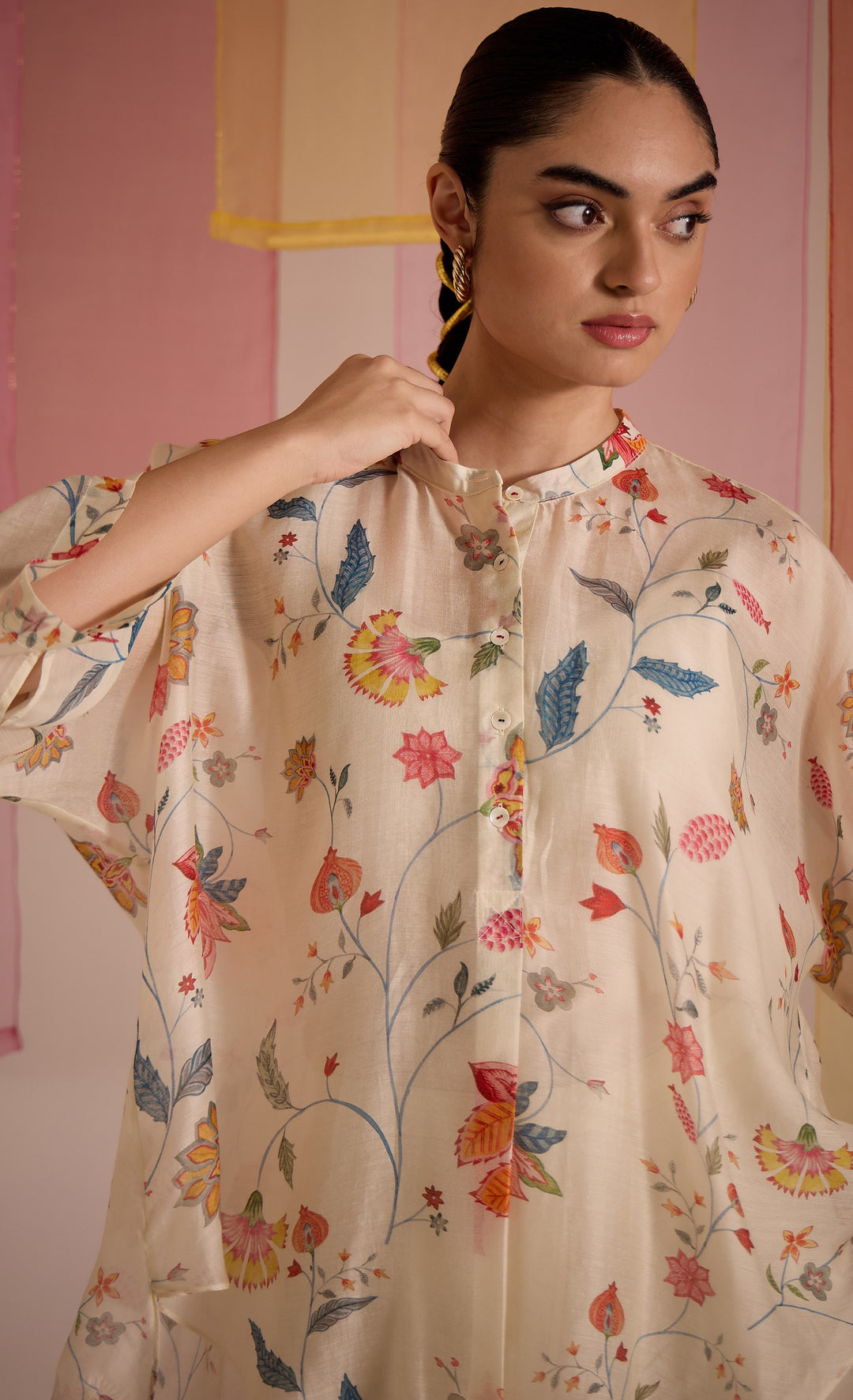 SAMAHAR: Ivory Chintz Cotton Silk Nama Tunic