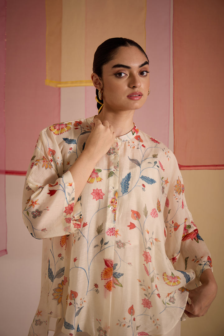 SAMAHAR: Ivory Chintz Cotton Silk Nama Tunic