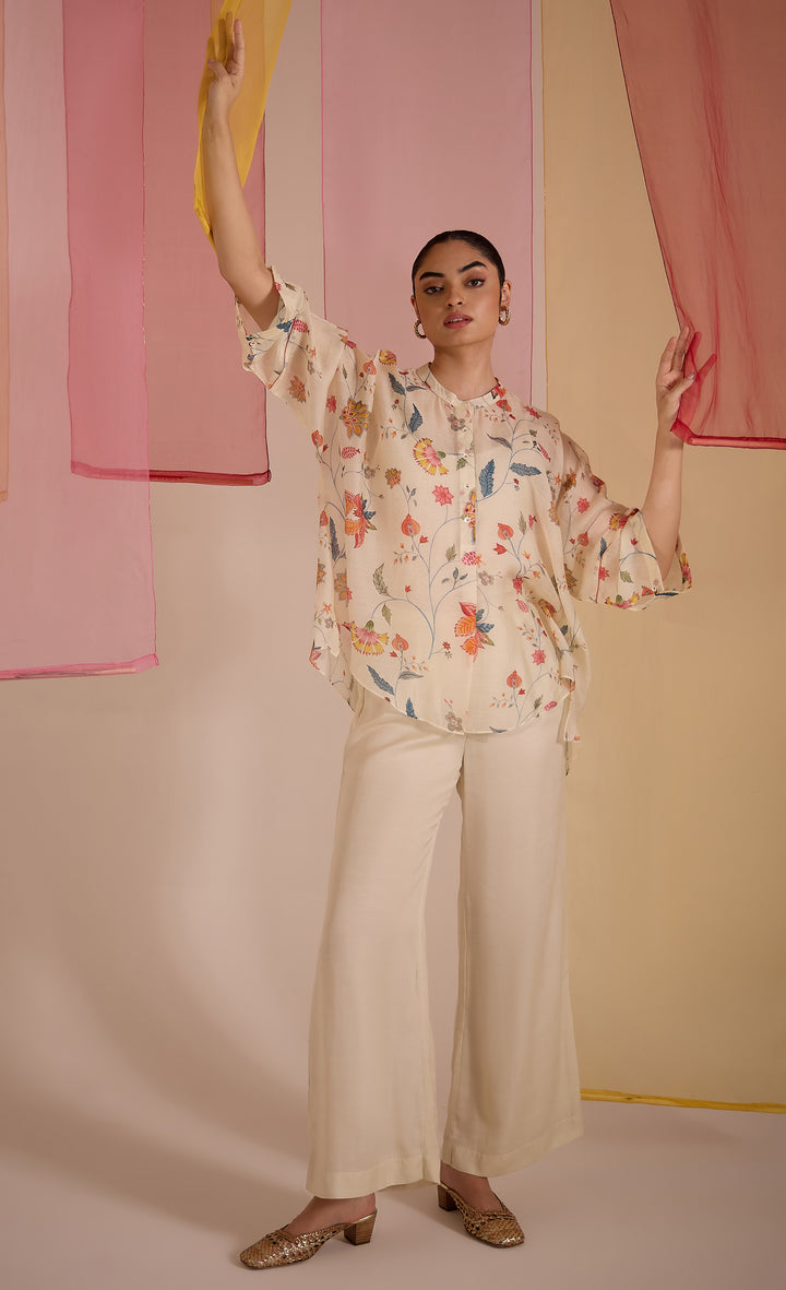 SAMAHAR: Ivory Chintz Cotton Silk Nama Co-ord Set