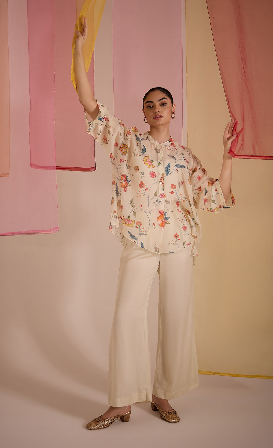 SAMAHAR: Ivory Chintz Cotton Silk Nama Tunic