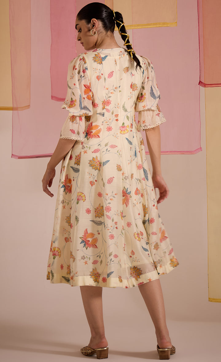 SAMAHAR: Ivory Chintz Cotton Silk V-Neck Dress