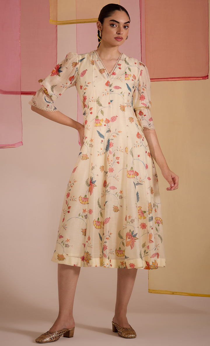 SAMAHAR: Ivory Chintz Cotton Silk V-Neck Dress