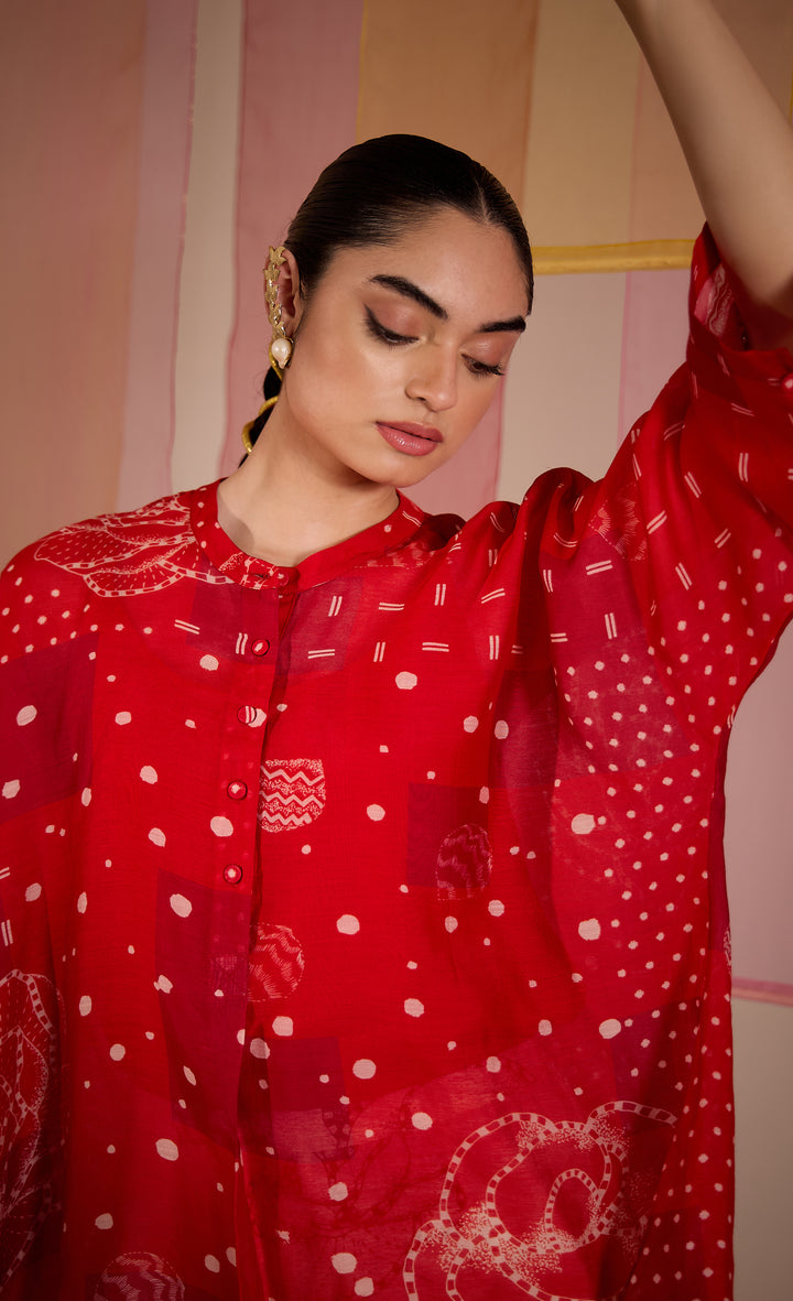 SAMAHAR: Red Cotton SIlk Nama Top