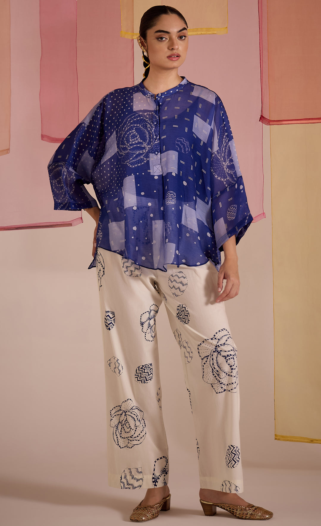 SAMAHAR: Blue Cotton Silk Nama Co-ord Set