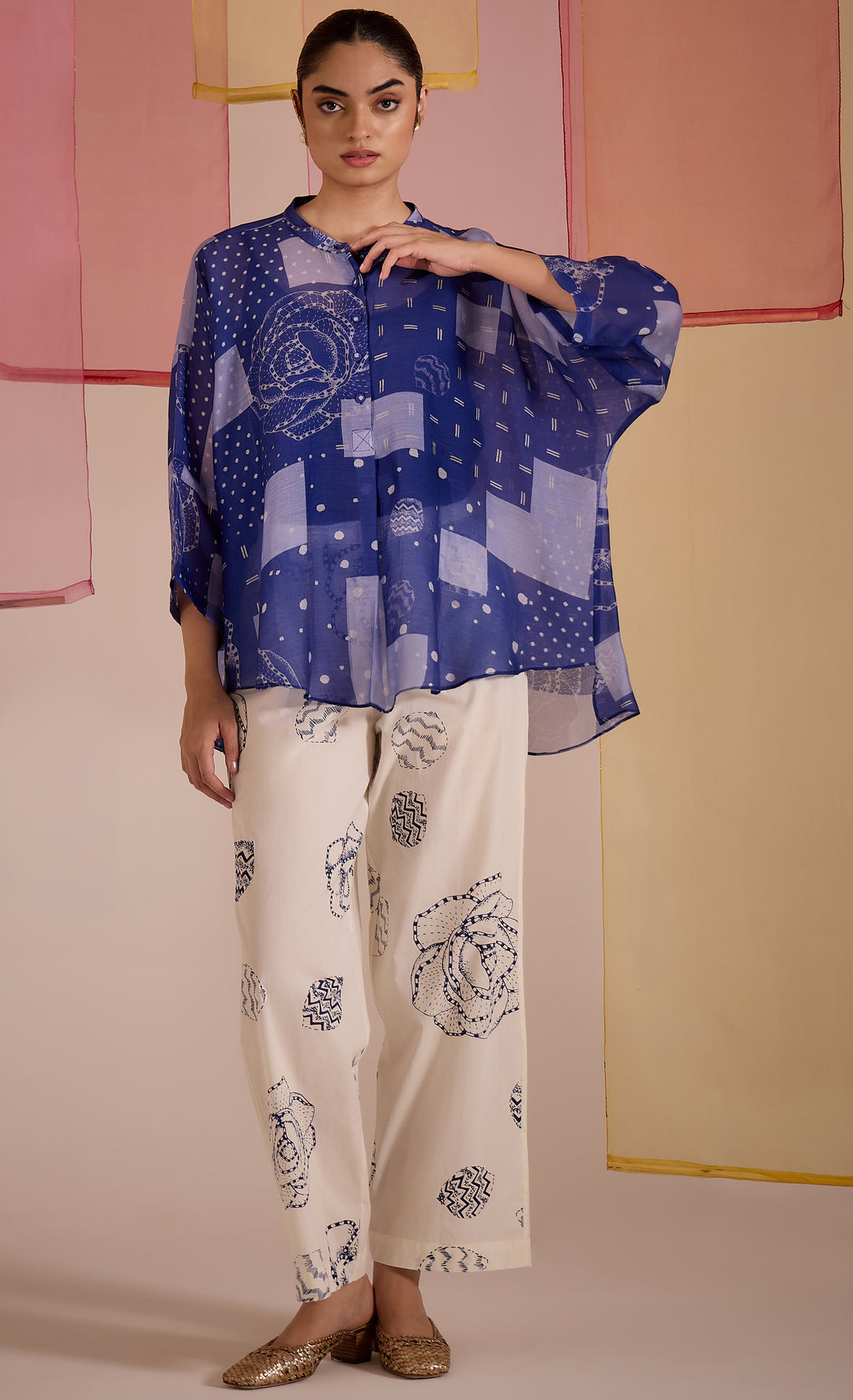 SAMAHAR: Blue Cotton Silk Nama Co-ord Set