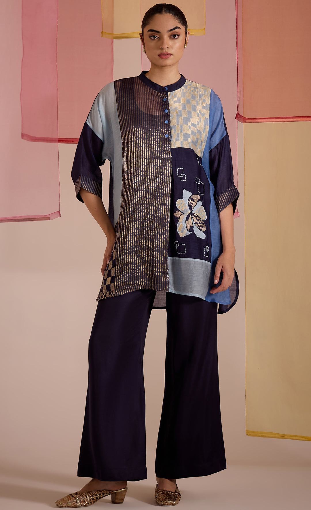BAITHAK: Blue Floral Applique Kimono Pant Set
