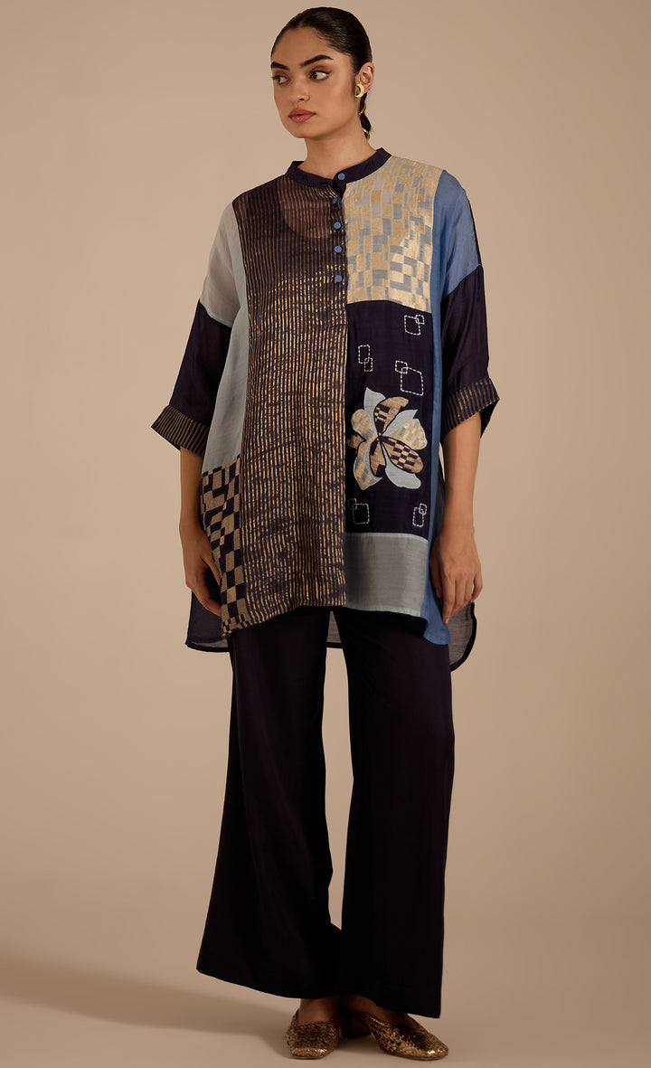 BAITHAK: Blue Floral Applique Kimono Pant Set