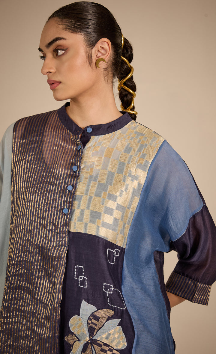BAITHAK: Blue Floral Applique Kimono