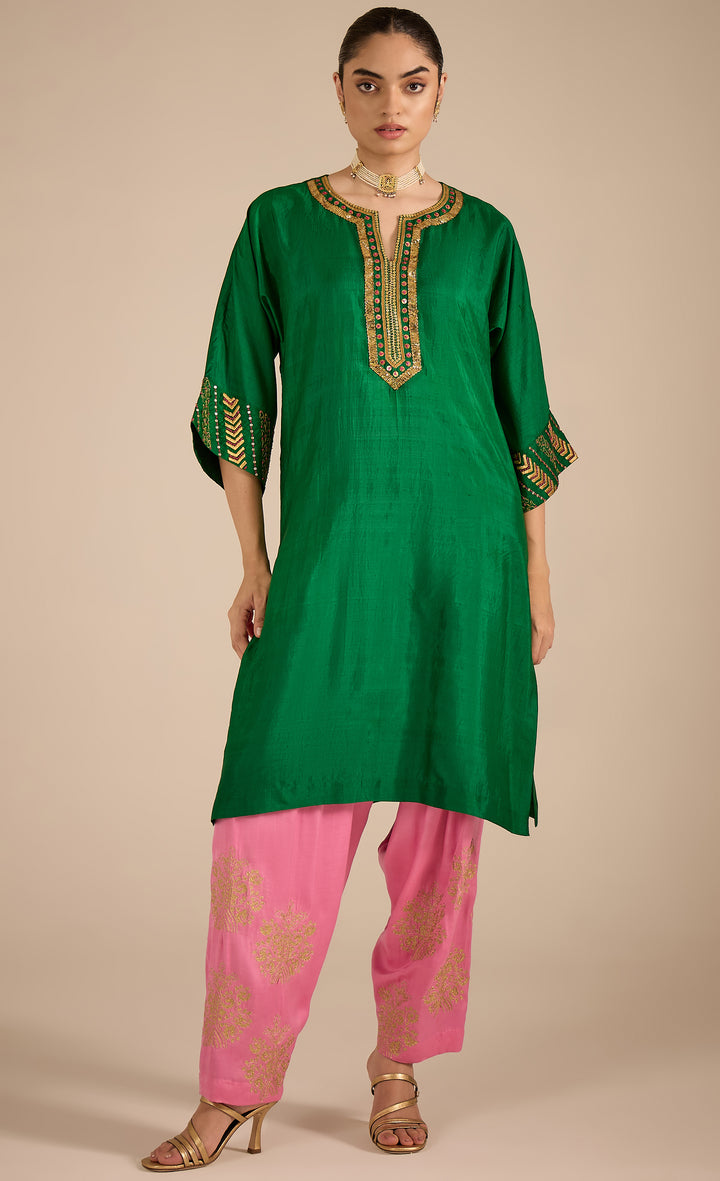 Baithak: Emerald Green Silk Kurta