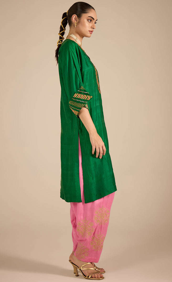 Baithak: Emerald Green Silk Kurta