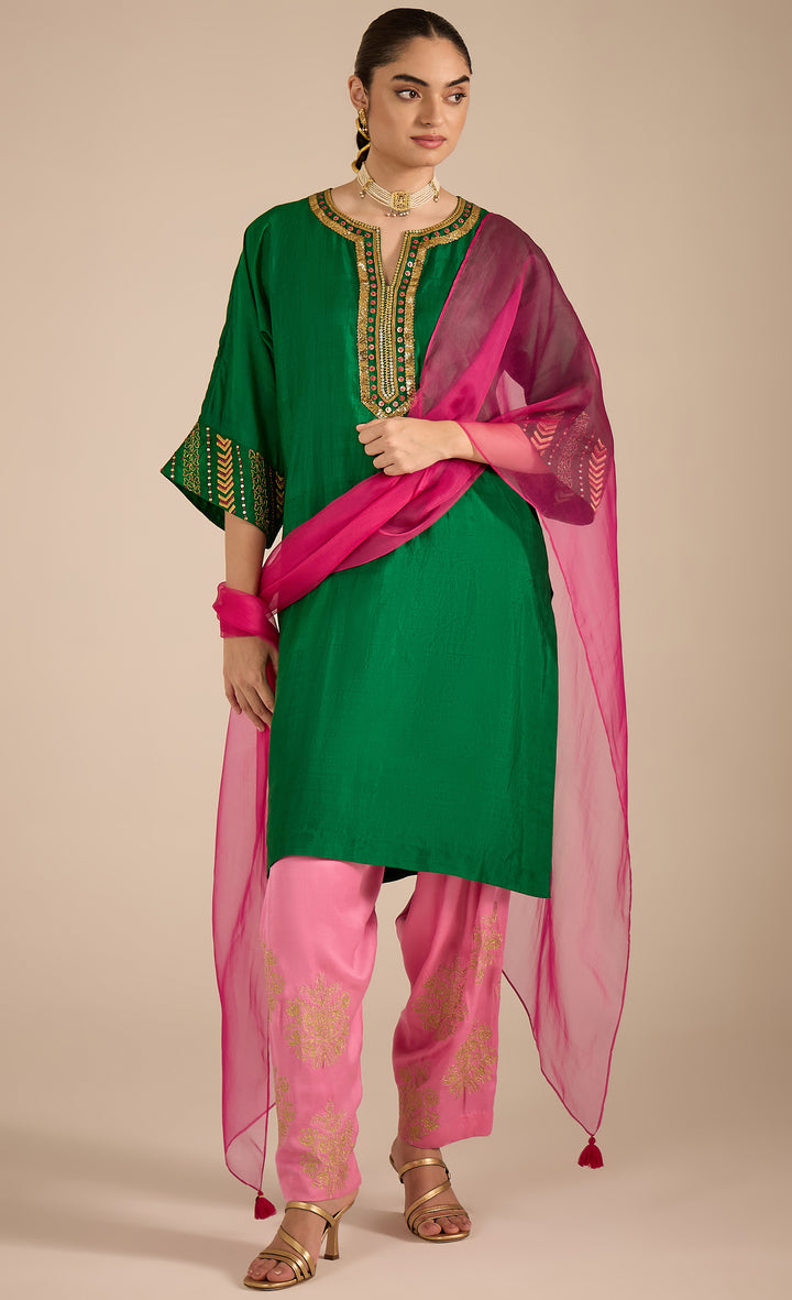 Baithak: Emerald Green Silk Kurta Set