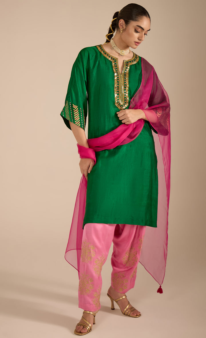 Baithak: Emerald Green Silk Kurta Set