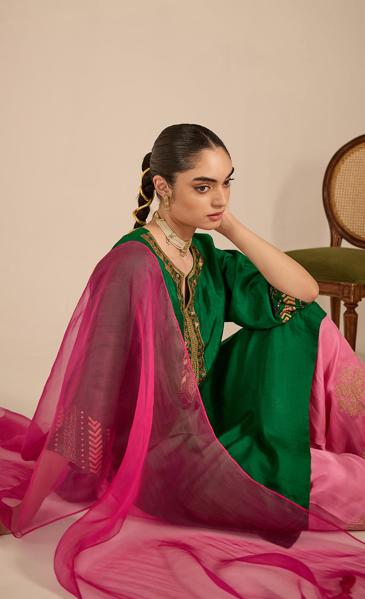 Baithak: Emerald Green Silk Kurta Set