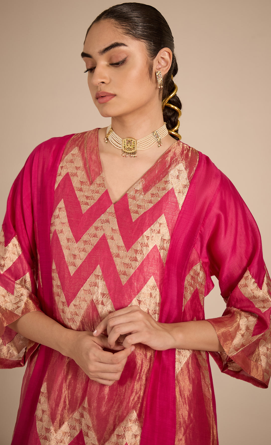 BAITHAK: Pink and Gold Chevron Choga Kurta