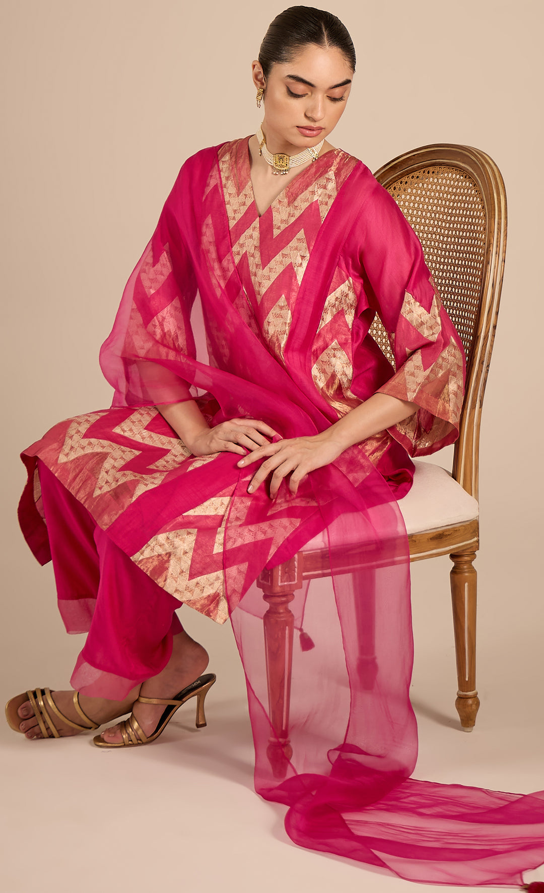 BAITHAK: Pink and Gold Chevron Choga Set