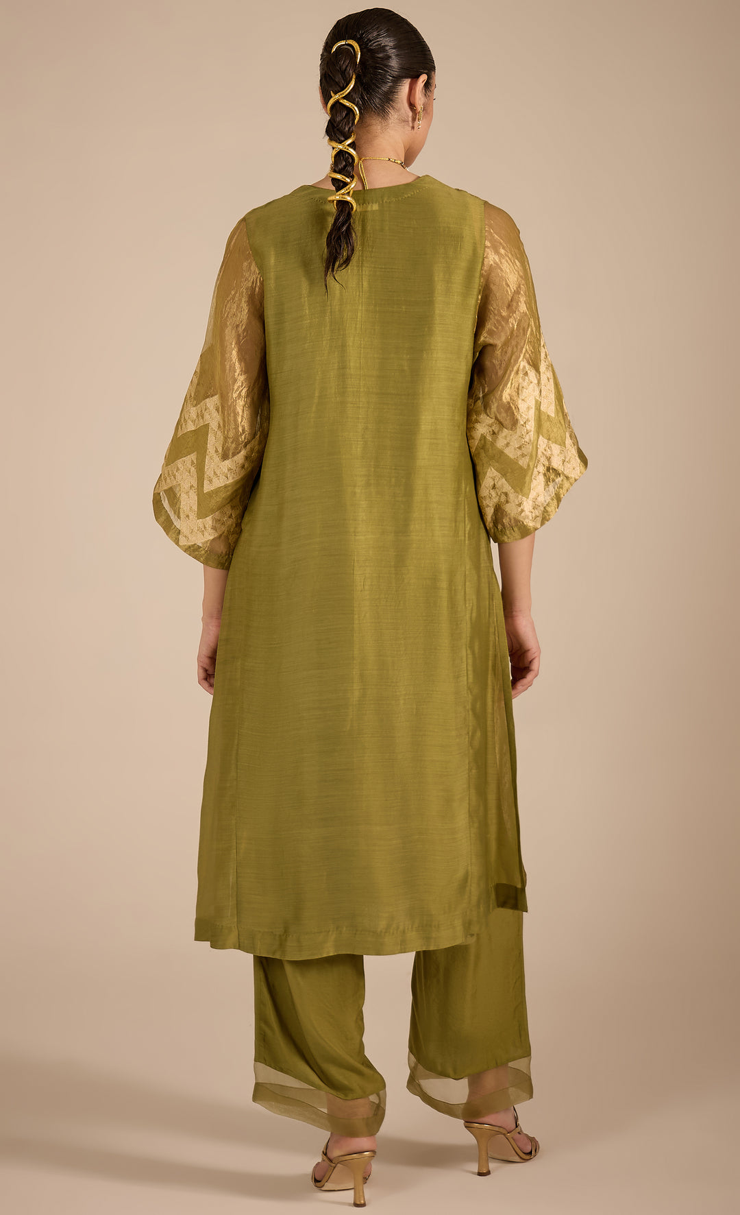 Baithak:  Green and gold Chevron Choga kurta