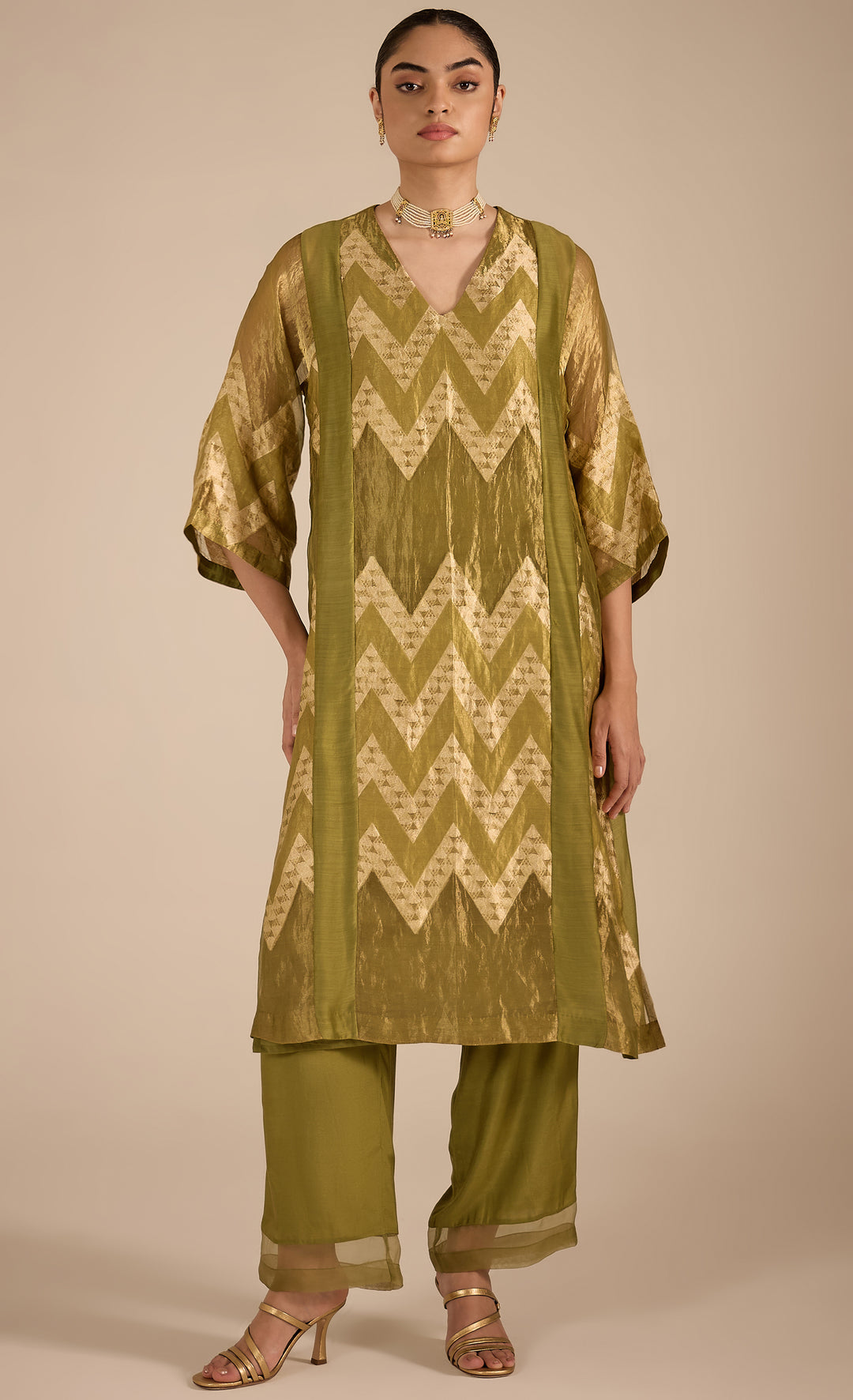 Baithak:  Green and gold Chevron Choga kurta