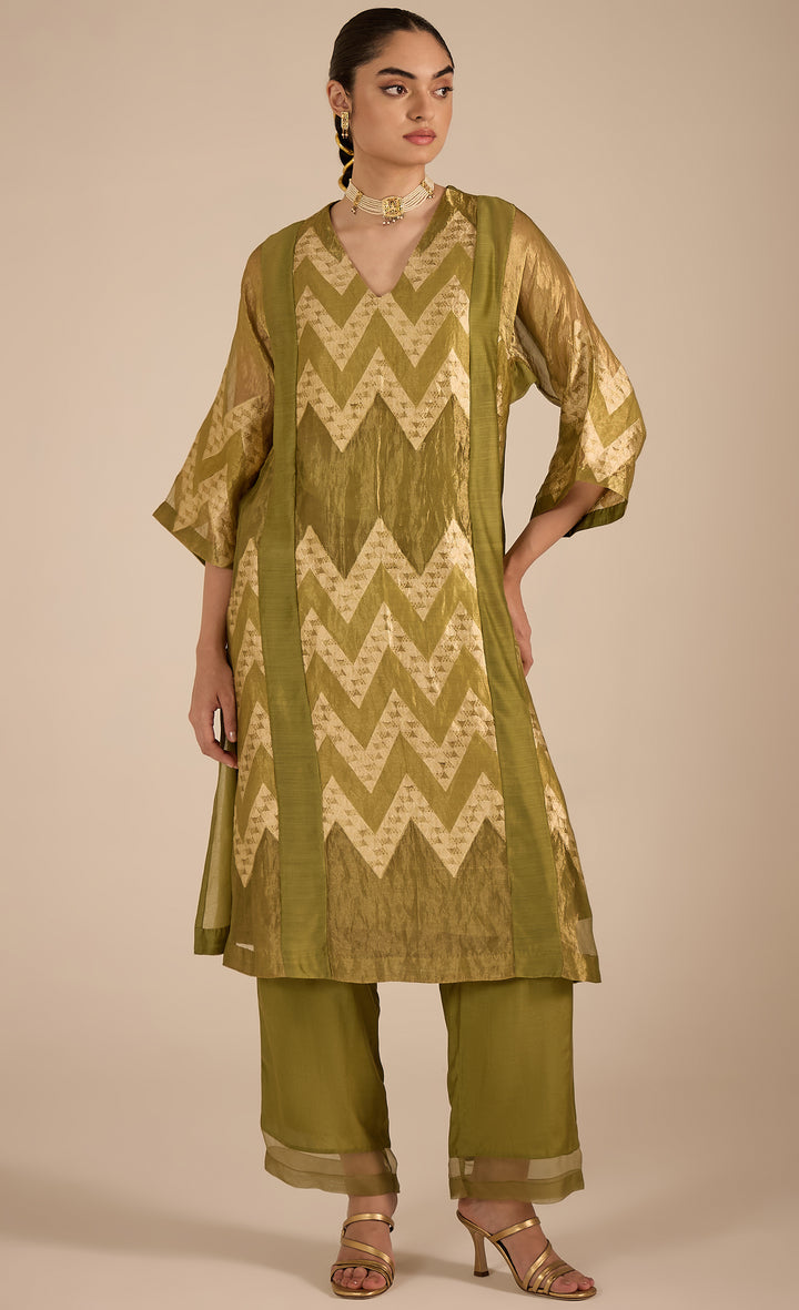 Baithak:  Green and gold Chevron Choga kurta
