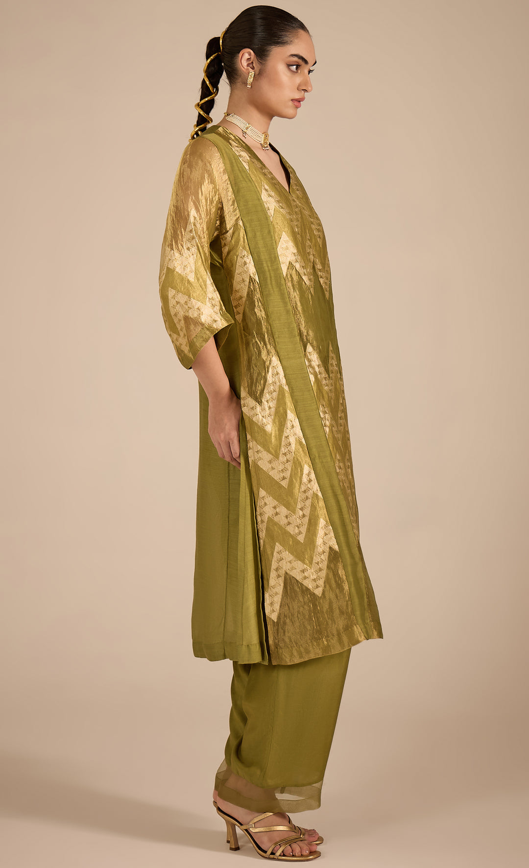 Baithak:  Green and gold Chevron Choga kurta