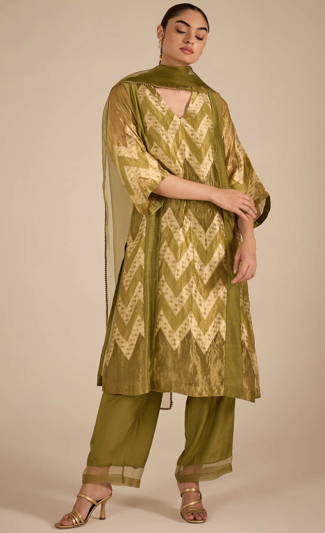 Baithak:  Green and Gold Chevron Choga Set