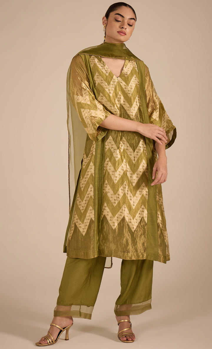 Baithak:  Green and Gold Chevron Choga Set