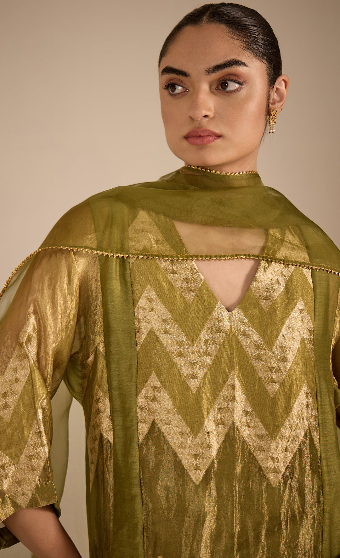 Baithak:  Green and Gold Chevron Choga Set