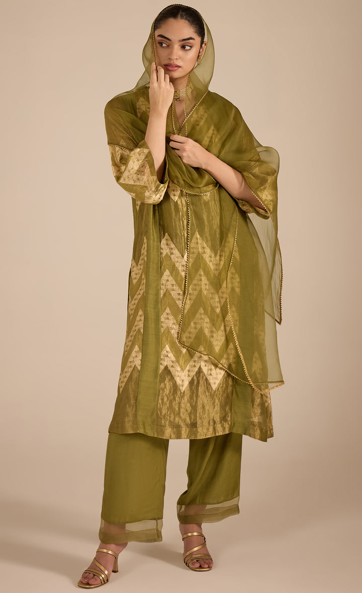 Baithak:  Green and Gold Chevron Choga Set