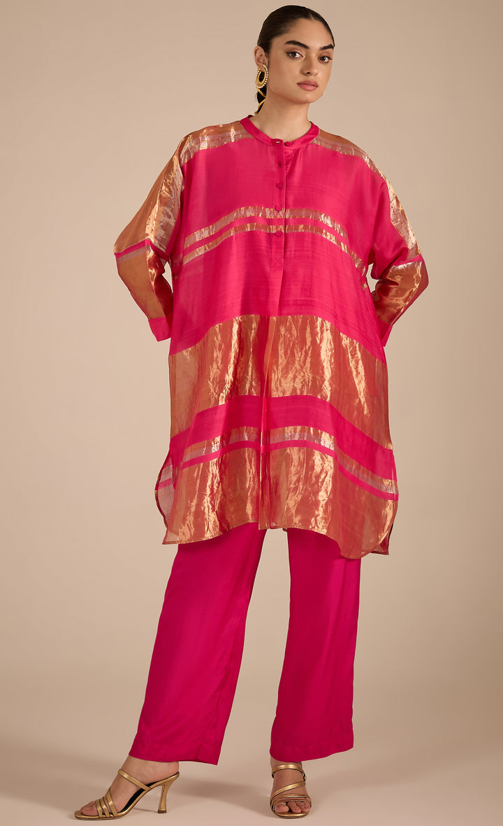 Baithak: Pink Tissue Kimono Set